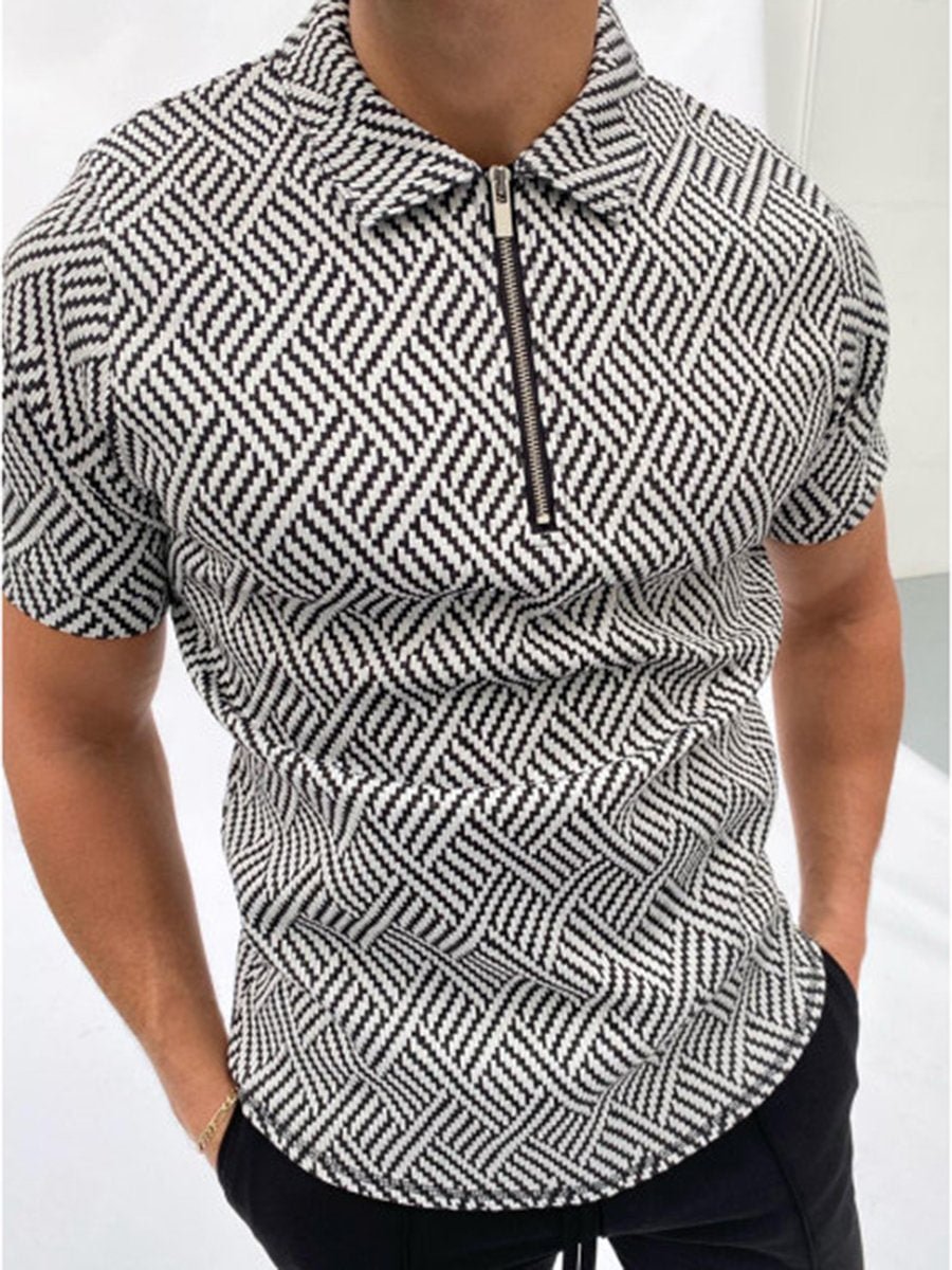 Black and White Herringbone Jacquard Polo Shirt
