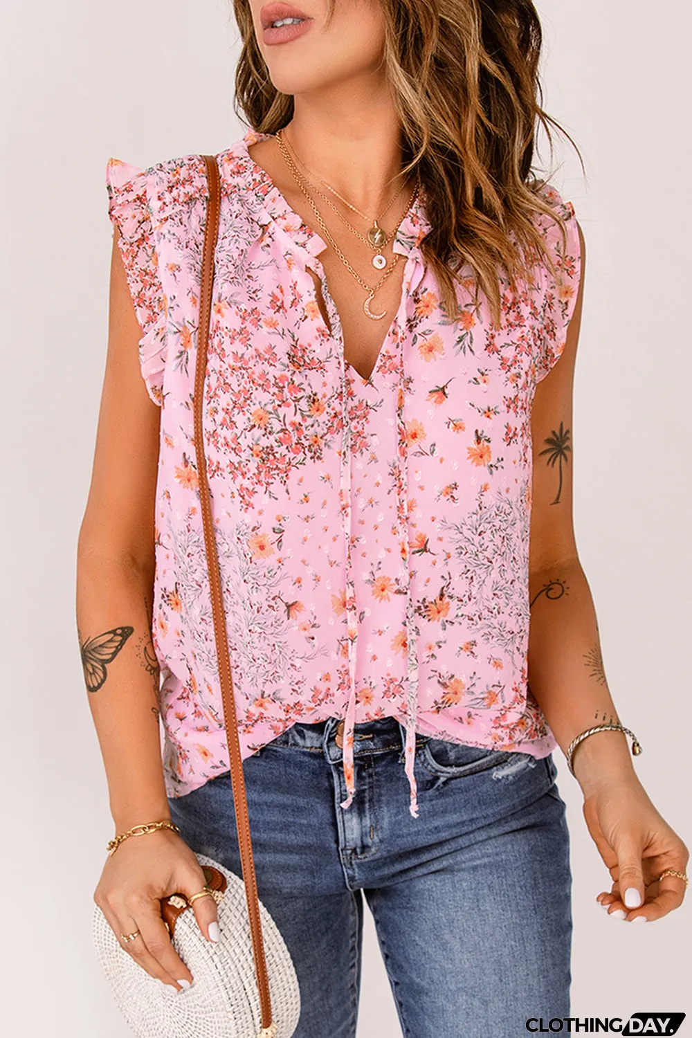 Pink Floral Print Drawstring Frill Trim Sleeveless Top