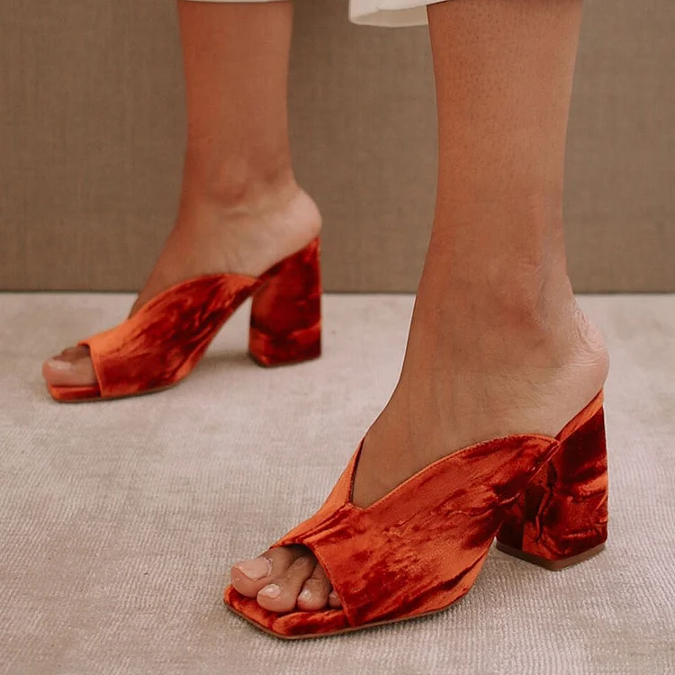 Orange Square Toe Chunky Heels Women's Vintage Low Cut Mules Shoes |FSJ Shoes