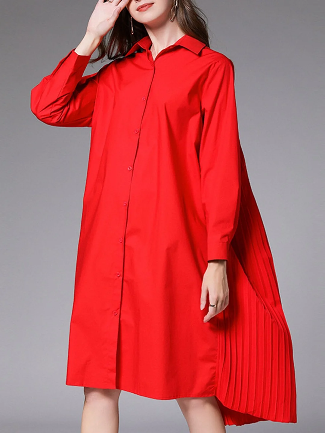 Shirt Collar Gathered Casual Midi Dress