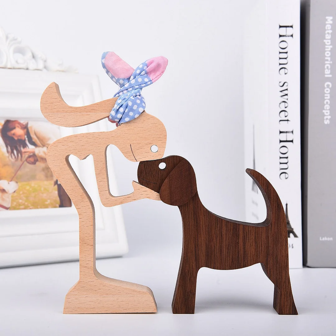 Handmade Wood Dog Decor Sculptures Craft Creative Figurine Ornement Decoration For Bedroom Home Office Decor Gift Natural