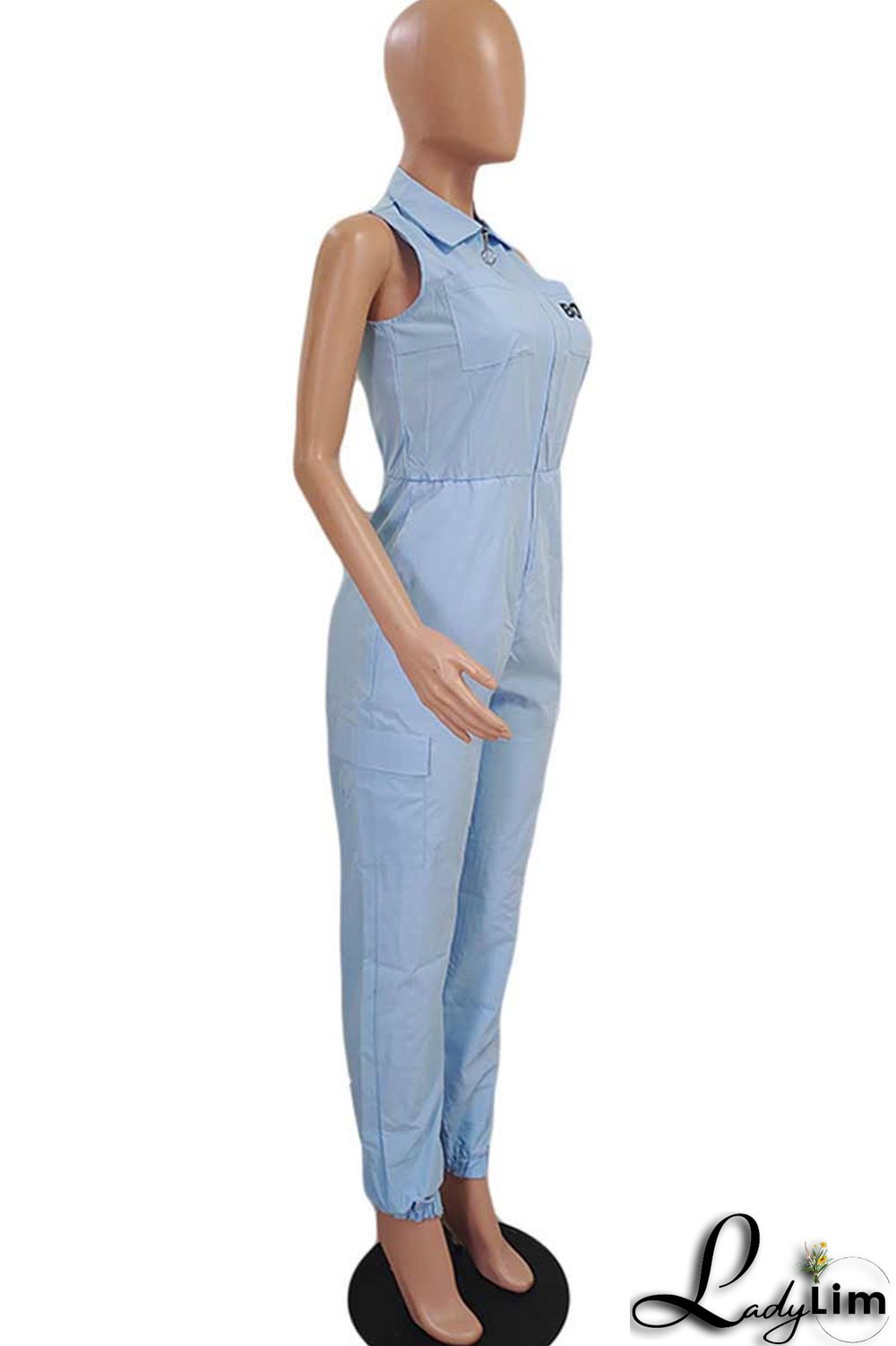 Blue Casual Print Patchwork Zipper Turndown Collar Straight Jumpsuits(Without Belt)