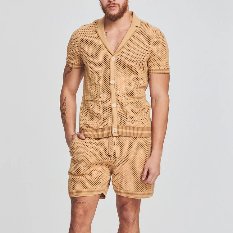 Breathable Solid Color Short Sleeve Shirt Beach Shorts Fashion Hollow Men Mesh Set at Hiphopee
