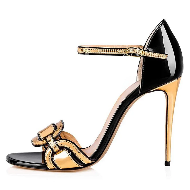 Black and Gold Open Toe Stiletto Ankle Strap Sandals Vdcoo