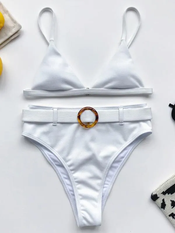 Solid Color Belted Embellished Split Bikini Swimsuit