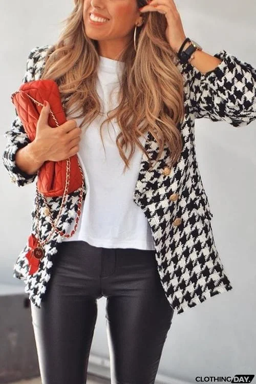 Houndstooth Print Woolen Coat