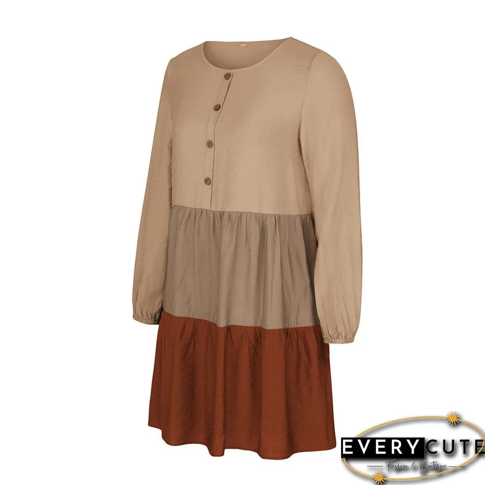 Orange Colorblock Button Up Long Sleeve Dress