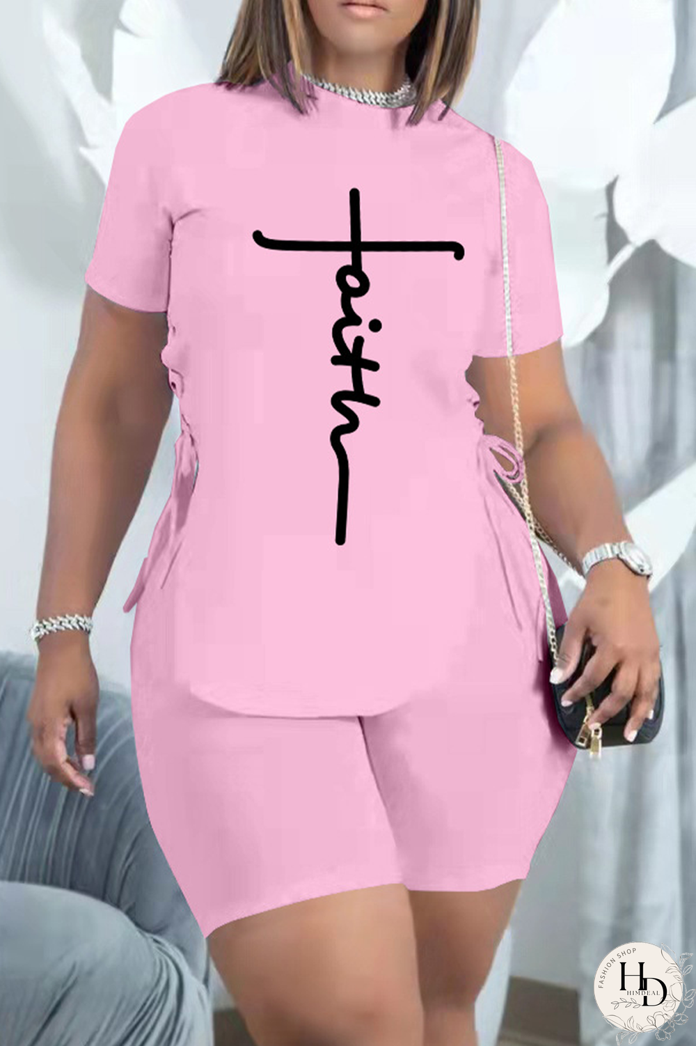 White Casual Print Draw String O Neck Short Sleeve Two Pieces