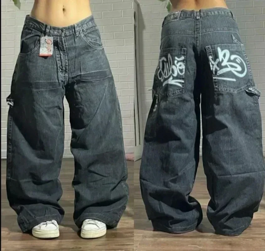 Edubridgesmart American Y2K New Fashion Punk Pattern Embroidered Straight Jeans Women Street Casual Loose Oversized Wide-leg Pants Couple Jeans