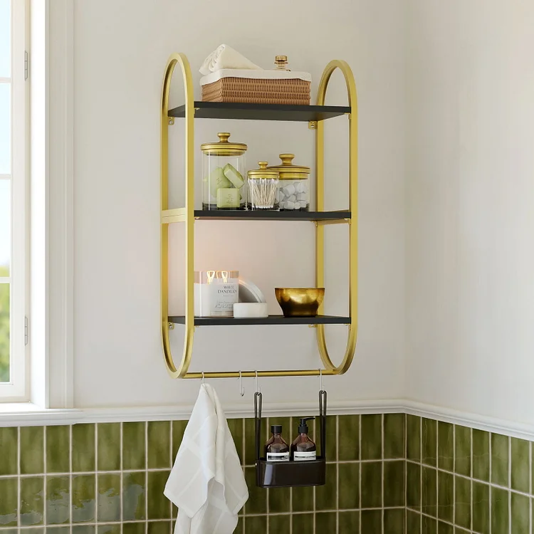 Bestier 3-Tier Storage Floating Shelf with Towel Rack and Hooks Wall Mounted Oval Shelves for Home Decor Display