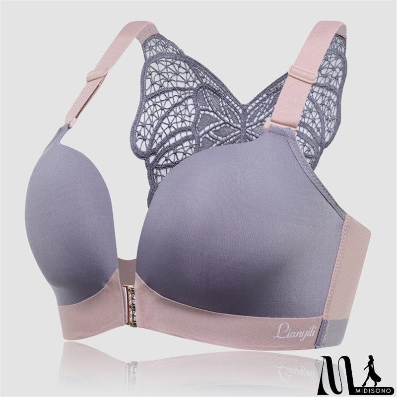 MidiSono - Women's Back Butterfly Embroidered Front Closure Soft Bras - Nude