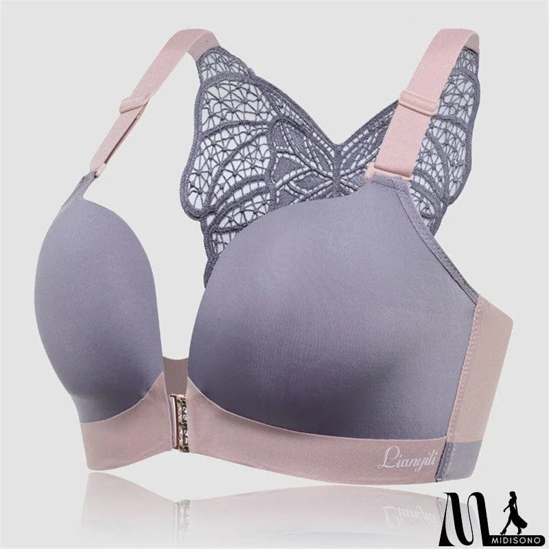 MidiSono - Women's Back Butterfly Embroidered Front Closure Soft Bras - Nude