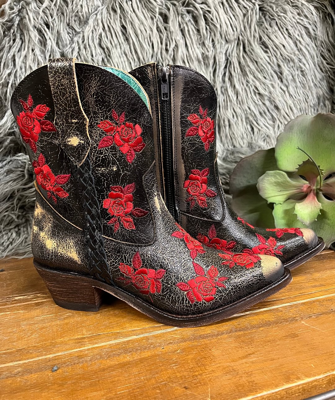 Corral Circle G Ladies Black with Red Rose Embroidery Urban Ankle Boot F1272