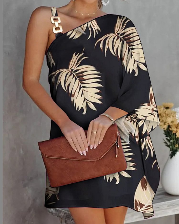 Sling Dolman Sleeve Off-the-shoulder Leaf Print Top