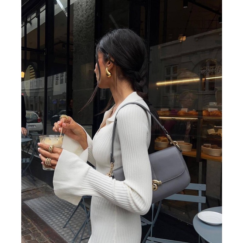 Ootddress White High Waist Knitwear Dress Fashion Women Rib Lapel Autumn 2025 Slim Elegant Long Dress Casual Knit Solid Party Dress