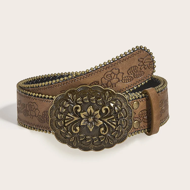 Retro Distressed PU Leather Beaded Embossed Belt