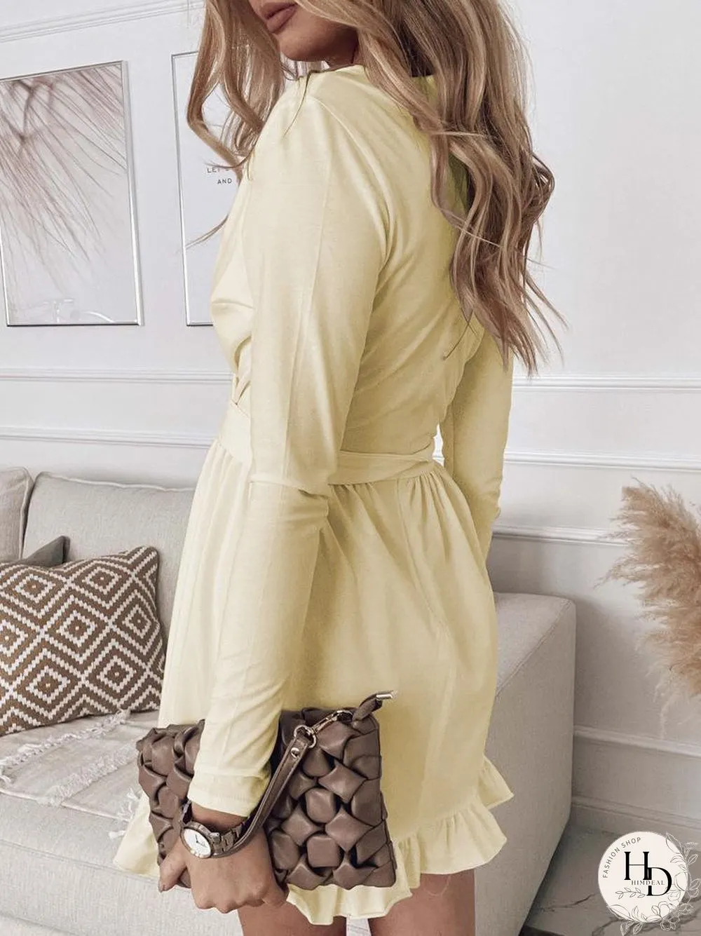 Women'S Dresses Slim Fit Deep V Neck Long Sleeve Mini Dress