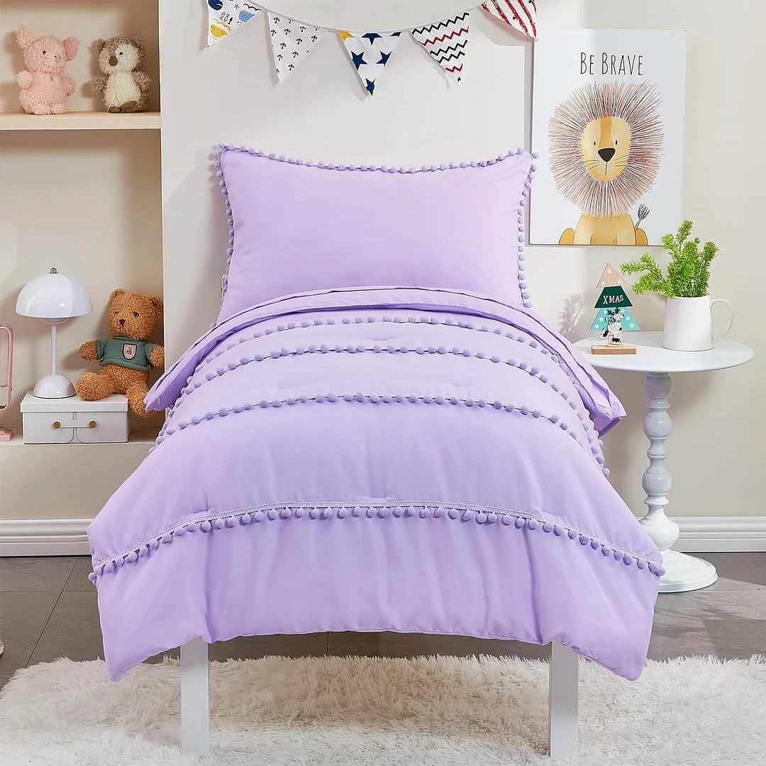 Qucover Lavender Toddler Bedding Set Toddler Comforter Set for Girls Purple Crib Bedding Set with 6 Pom Poms Fringes - 4 Pieces: Comforter, Fitted Sheet, Flat Sheet, Pillowcase