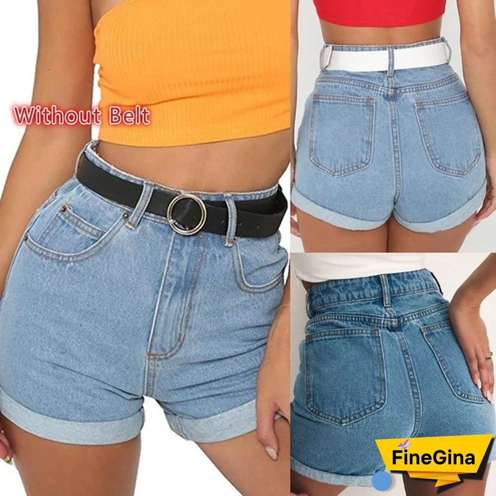 (Without Belt) Women Fashion Summer High Waist Short Jeans Denim Shorts