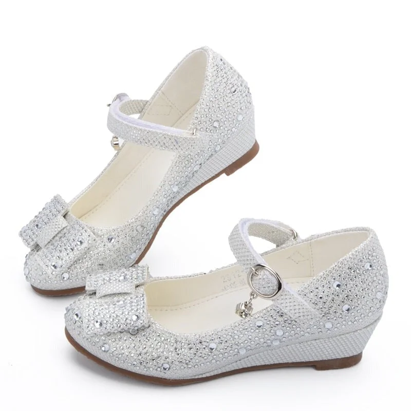 Lourdasprec Christmas Gift Princess Heels Shoes Children Wedge Shoes Girls Footwear Soft Breathable Female Sandals Party For Girls Kids Silver