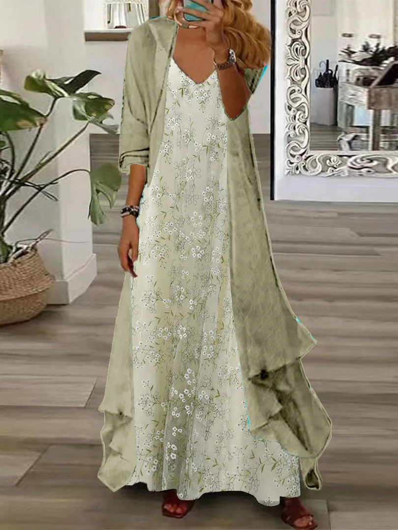 Women's Long Sleeve V-neck Floral Printed Two Pieces Maxi Dress