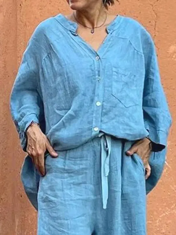 Loose Raglan Sleeve Split-Joint V-Neck Blouses&Shirts Tops BLUE-S