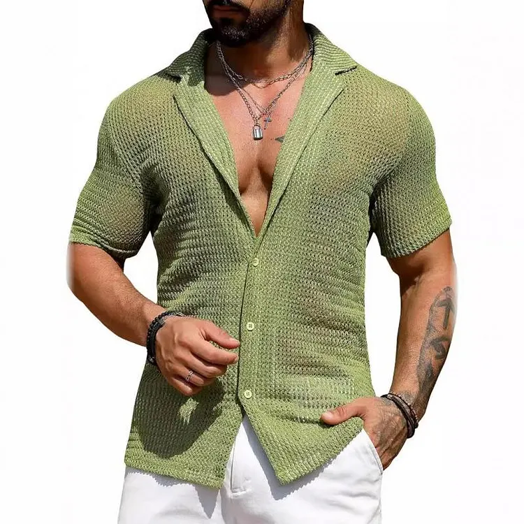Men's Casual Solid Color Breathable Short-Sleeved Knitted Shirt