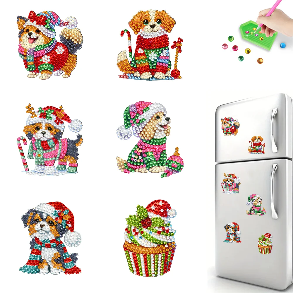 6Pcs Christmas Dog Diamond Painting Refrigerator Magnets Diamond Art Kits