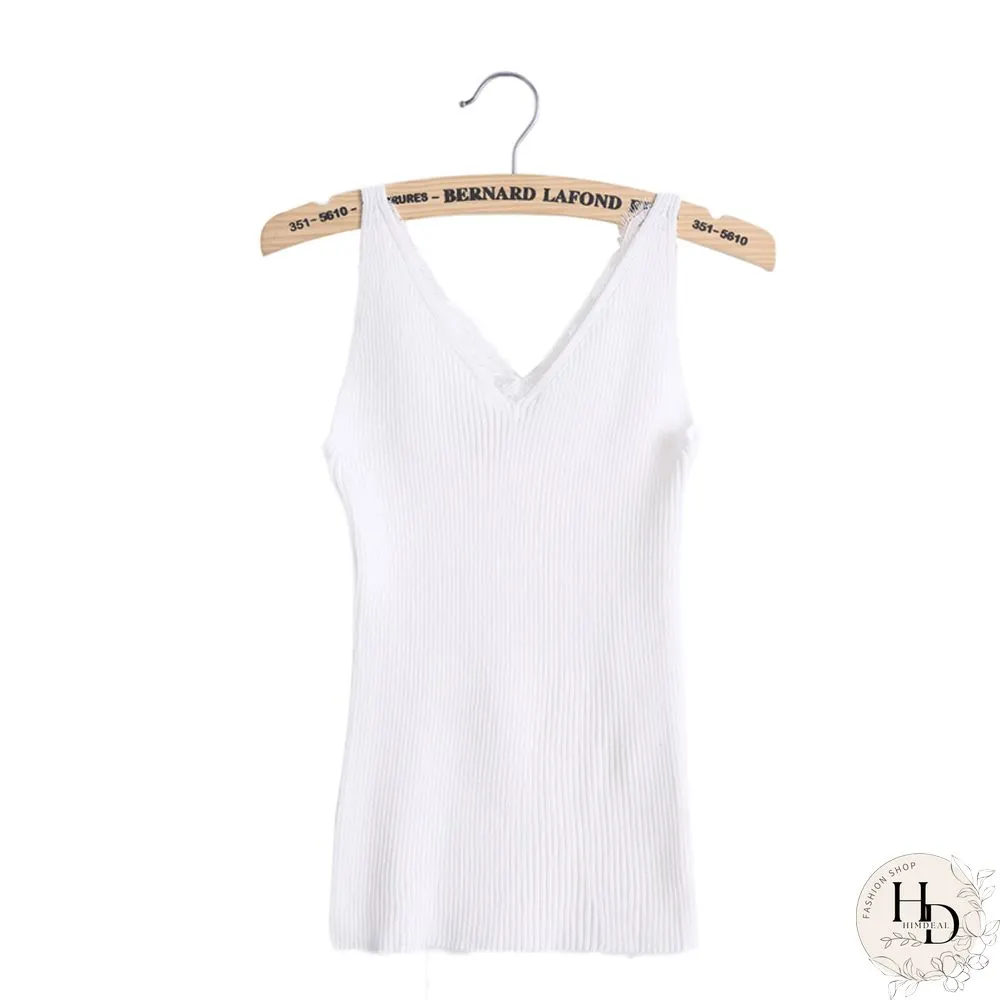 Sexy Women Plain Camisole Lace Splicing Double V Neck Vest Slim Sling Tank Tops