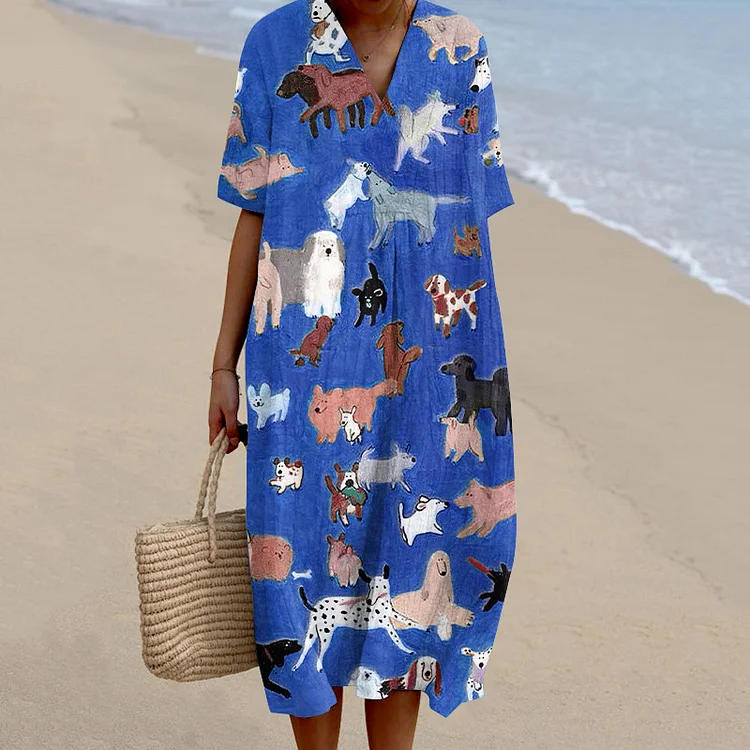 Dog Print V-Neck Loose Midi Dress