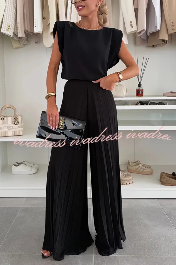 Fashionable Round Neck Shoulder Pads Top and Elastic Waist Pleated Wide-leg Pants Set