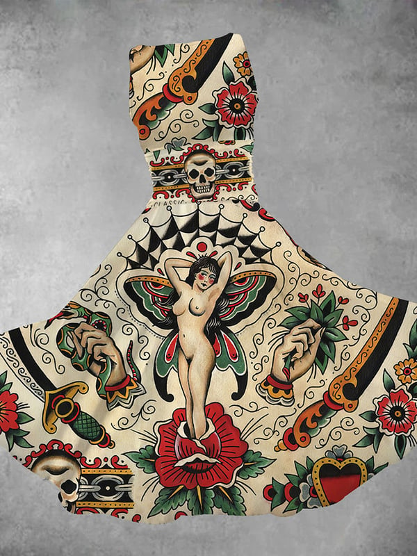 Vintage Butterfly Skull Tattoo Sleeveless Print Dress