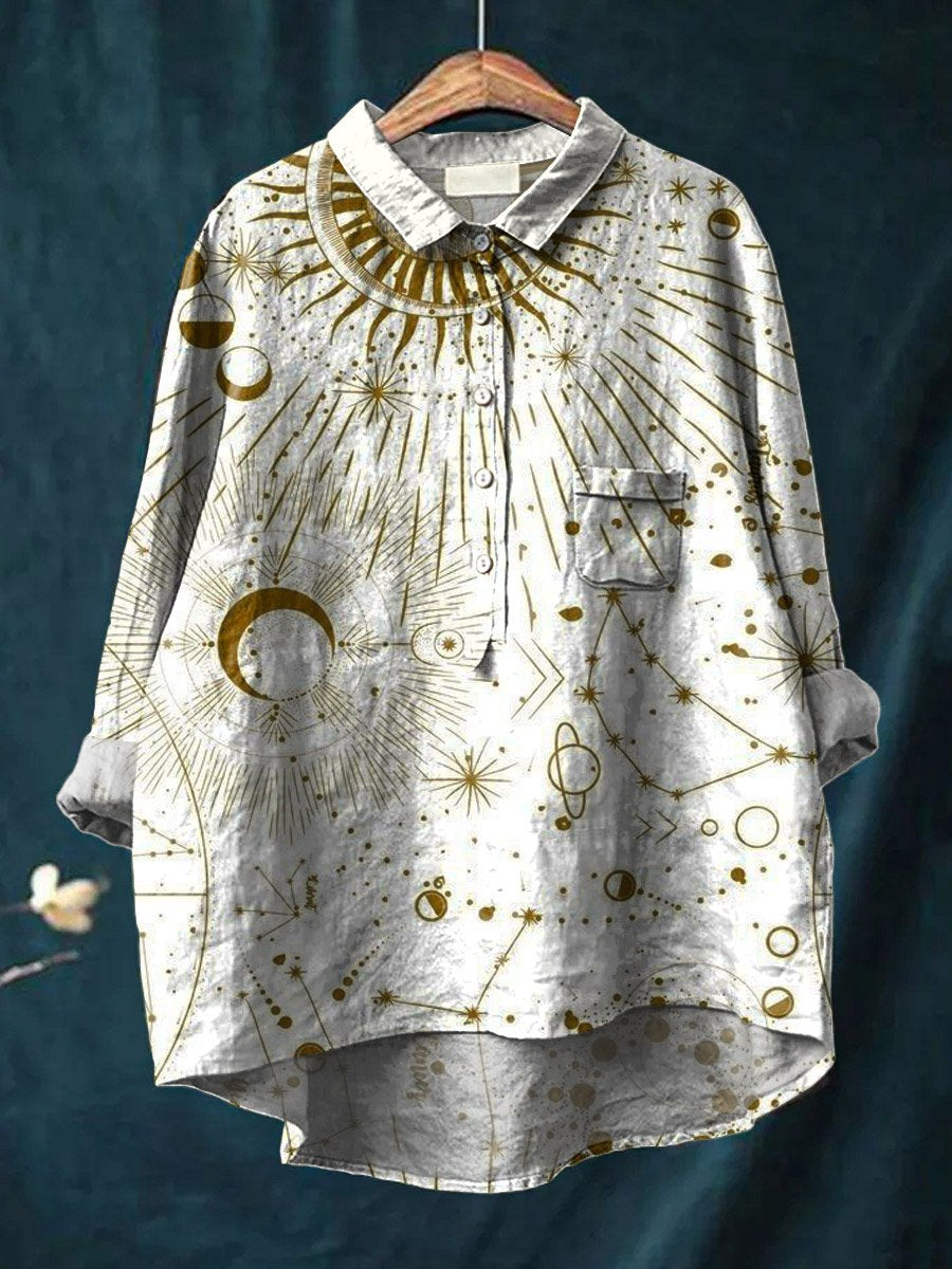 Vintage Sun Moon Stars Universe Art Print Casual Cotton And Linen Shirt
