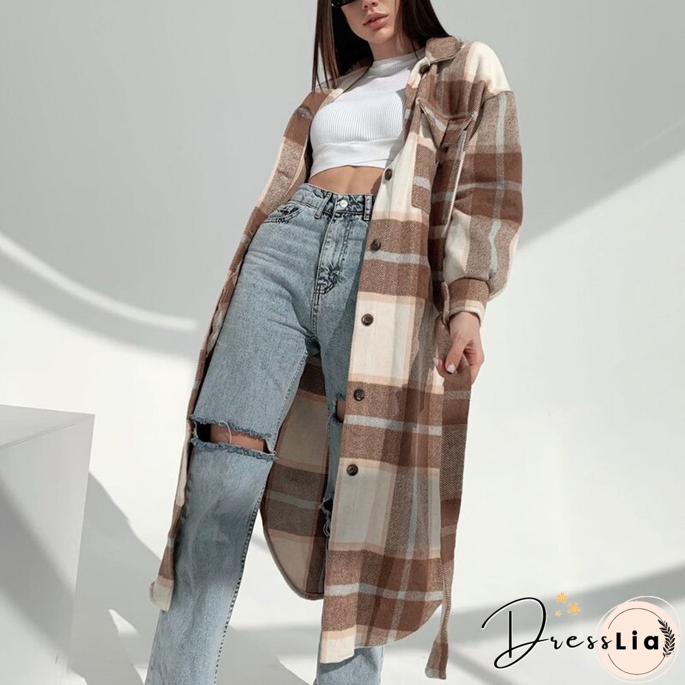 Retro Plaid Print Coat Ladies Casual Long Sleeve Lapel Single Breasted Woolen Coats Women Loose Lace Up Asymmetrical Jacket