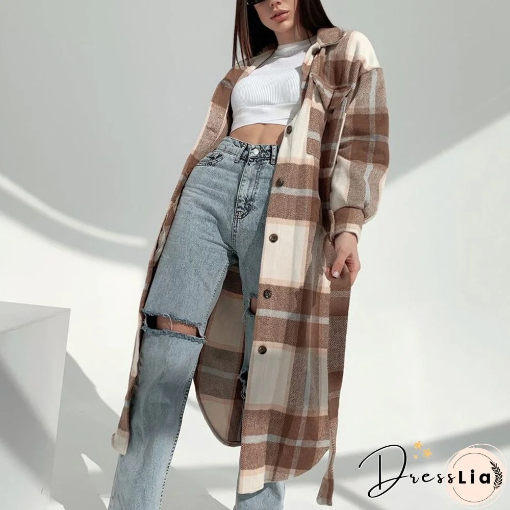 Retro Plaid Print Coat Ladies Casual Long Sleeve Lapel Single Breasted Woolen Coats Women Loose Lace Up Asymmetrical Jacket