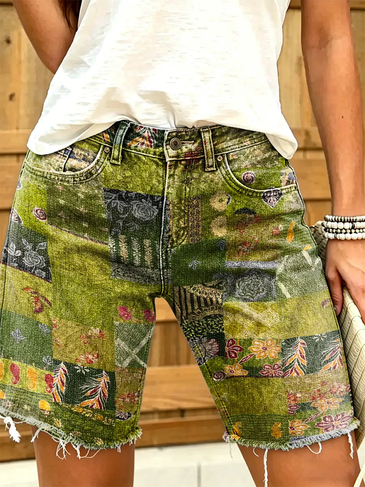 Women's Floral Patchwork Print Frayed Hem Denim Shorts