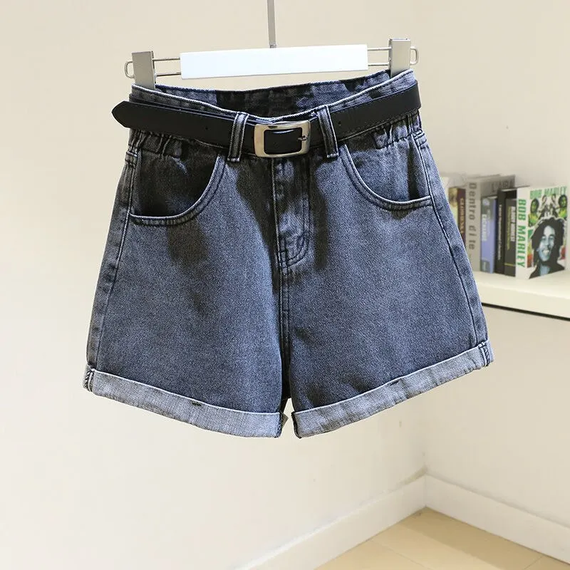 Ailegogo Streetwear High Waist Women Blue Denim Shorts With Belt Summer Casual Female Wide Leg  Size 2xl Jeans Shorts
