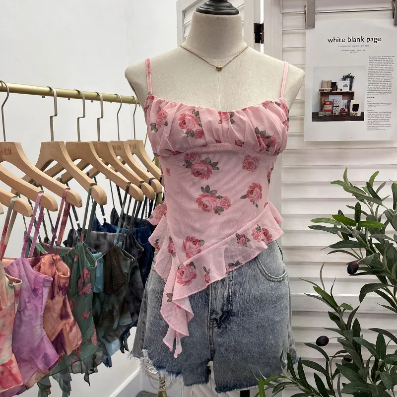 Nigikala Nigikala Shoot 辣tie Bra Irregular Sling Sling Vest Slimming Print Mesh Sleeveless Top 8950