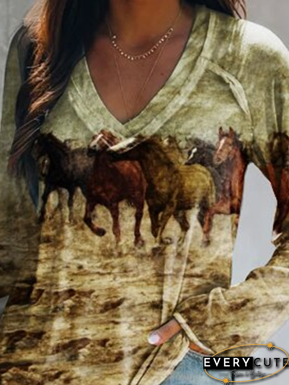 Long Sleeve V Neck Animal Printed T-shirt