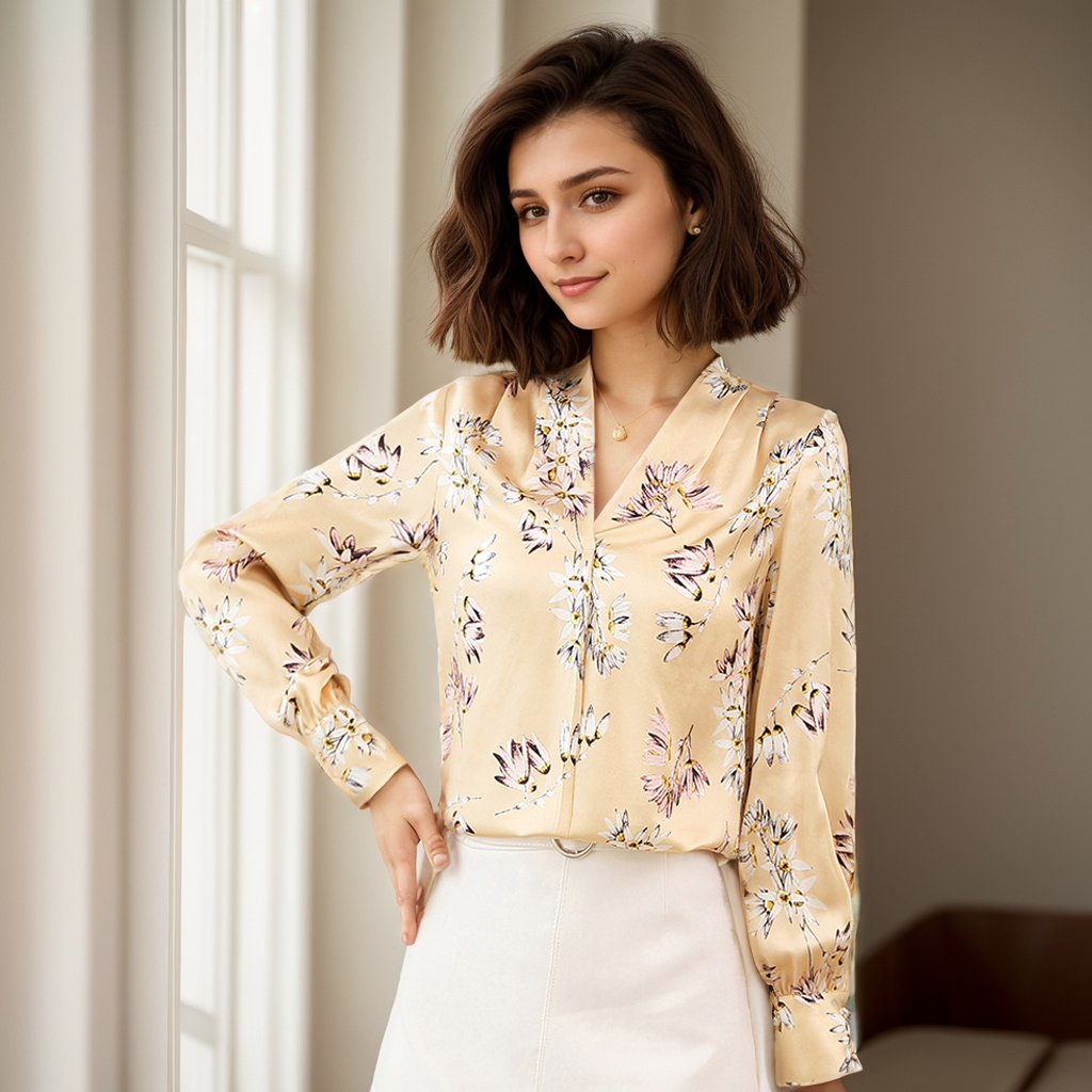 Yellow V-neck Floral Silk Blouses For Women REAL SILK LIFE