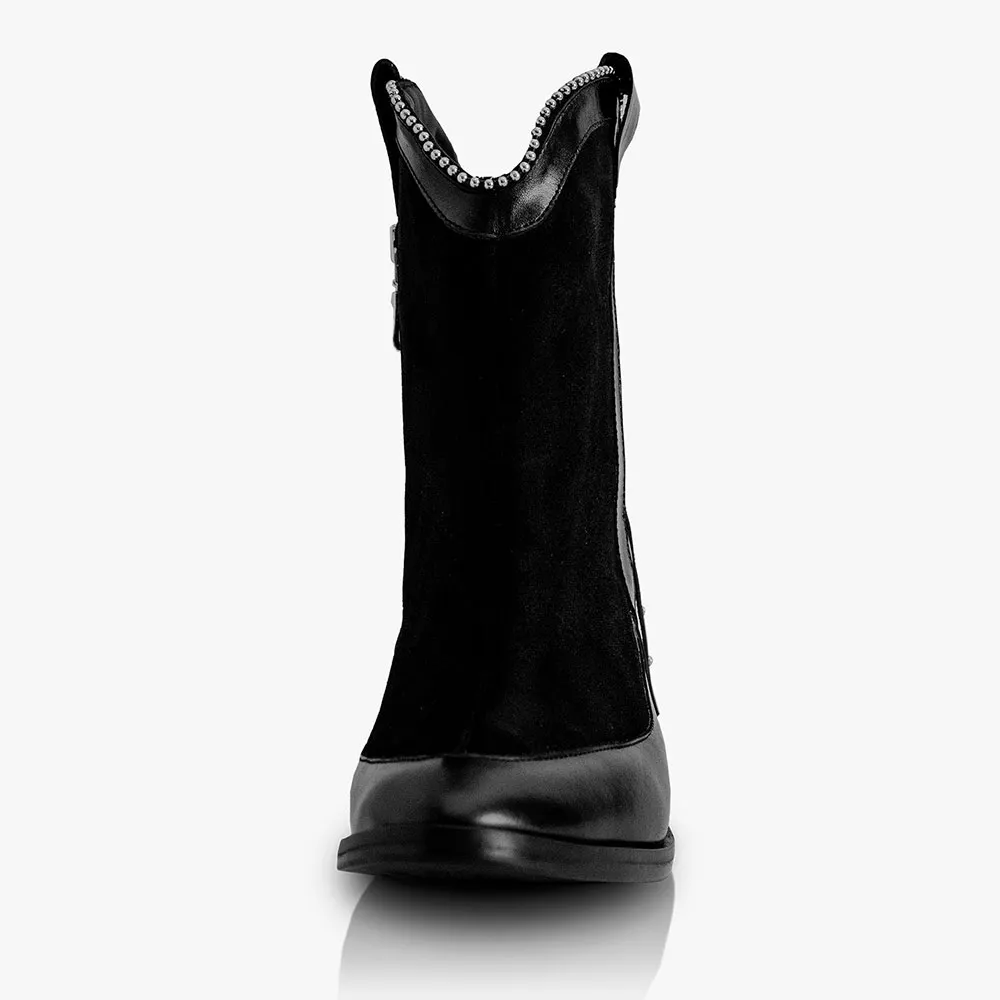Black Studded Fringe Block Heel Zipper Ankle Western Boots for Women