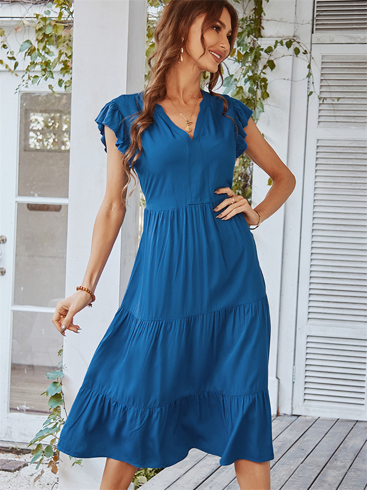 V Collar Sexy Solid Color Leisure Holiday Dress-JRSEE