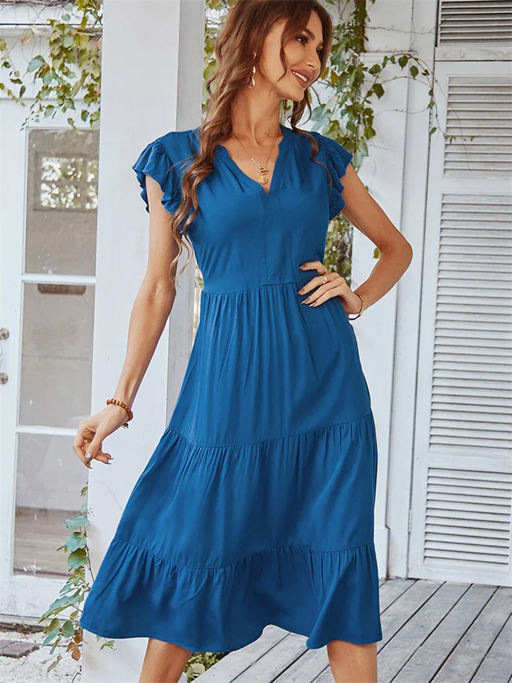 V Collar Sexy Solid Color Leisure Holiday Dress-JRSEE