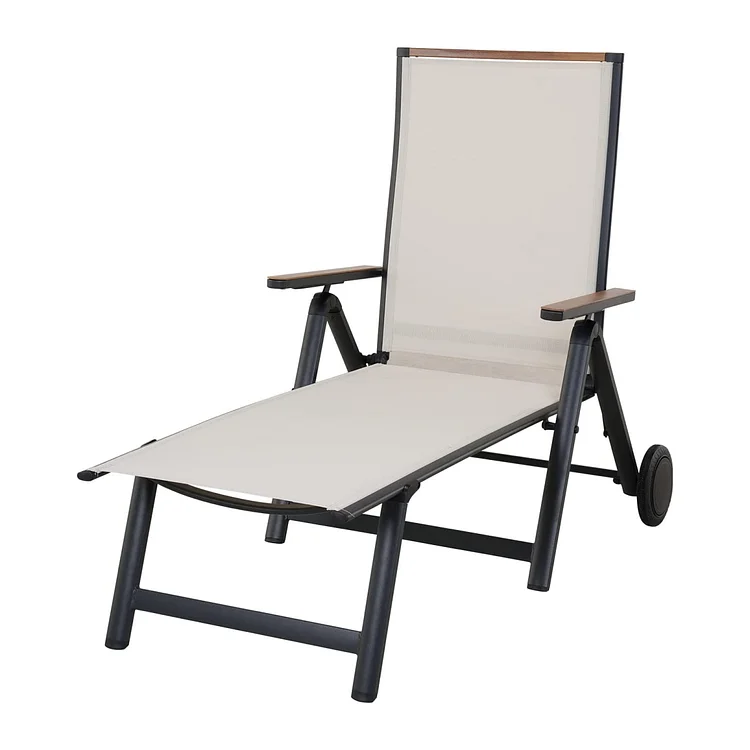 Outdoor Chaise Lounge Chair with 6-Position Adjustable Sling Backrest, Aluminum Folding Portable Wood Grain Chair with Wheels for Beach, Backyard, Poolside, Lawn