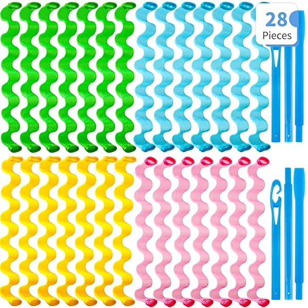 28 Pieces Hair Curlers Spiral Curls No Heat Wave Hair Curlers Styling Kit Spiral Hair Curlers with 2 Pieces Styling Hooks for Most Kinds of Hairstyles 17.71 Inch (Pack of 28) Assorted Color - Chicaggo