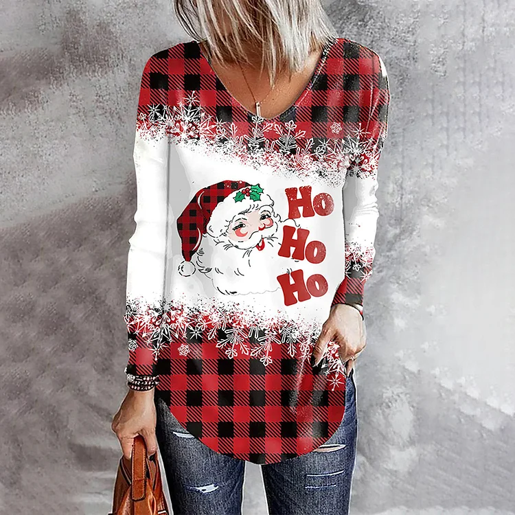 Wearshes Check Santa Graphic V-Neck Casual T-Shirt