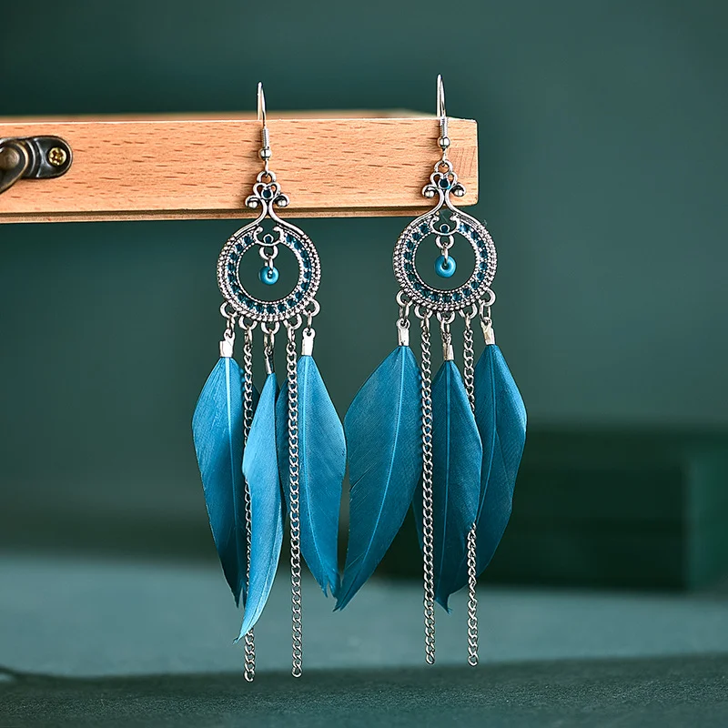 Ethnic feather tassel vintage ladies earrings