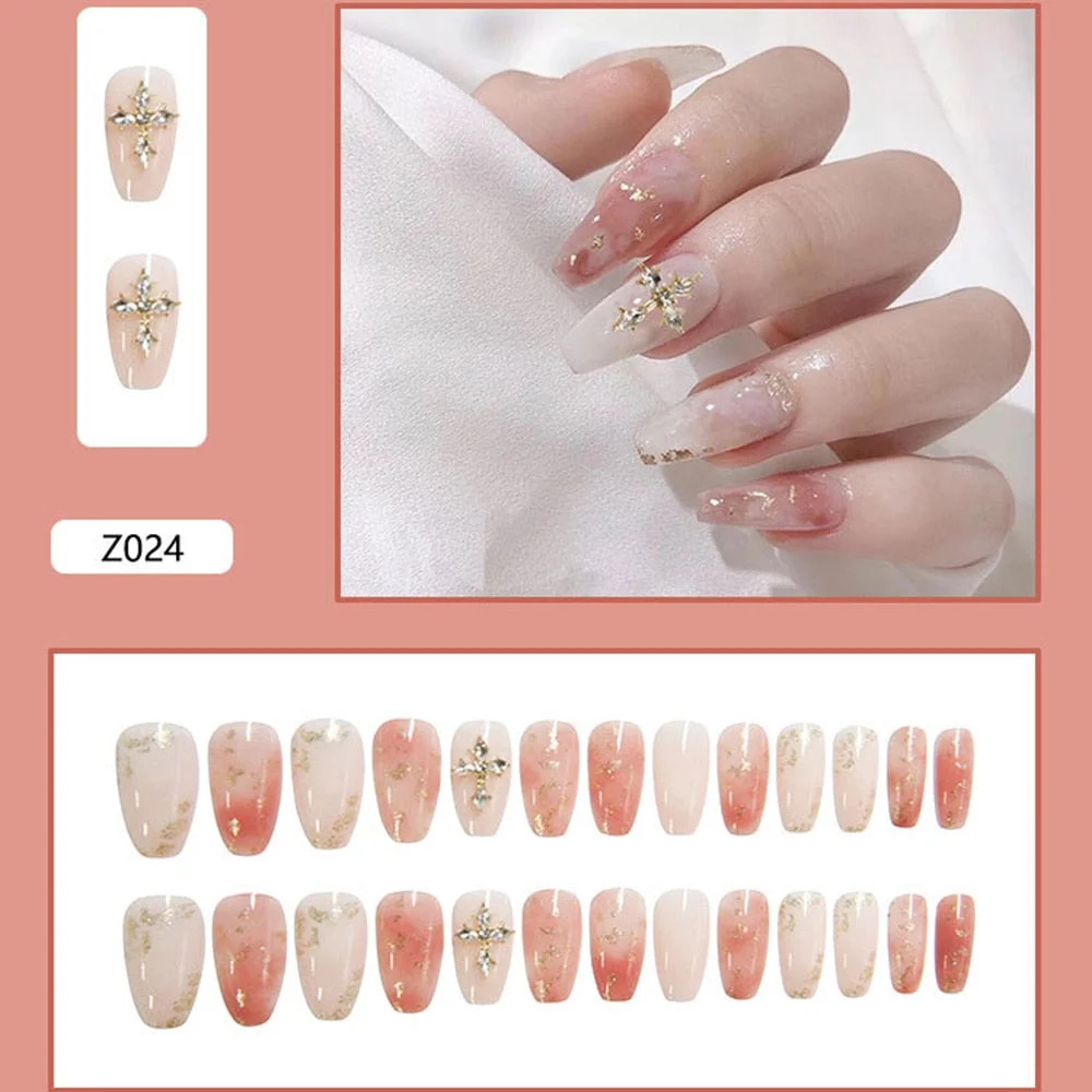 24pcs star-pointed round head wear nail finished nail patch manicure patch fake nail waterproof with glue Full Cover