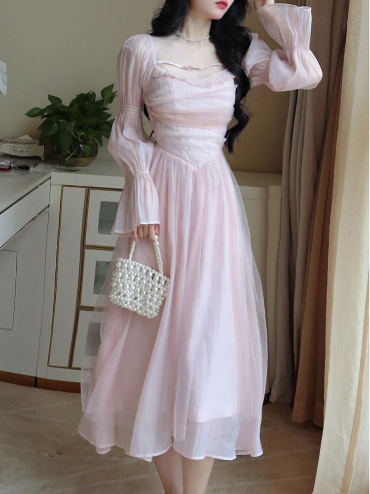 Abebey  Elegant Evening Party Midi Dress Women Bubble Sleeve French Vintage Sweet Dress Female Pink Korean Style Fairy Dress Autumn