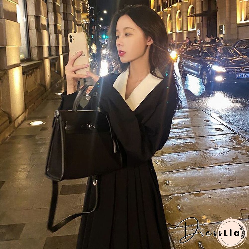Spring Autumn Elegant Black Dress Women Loose Casual Midi Korean Fashion Lady Trench
